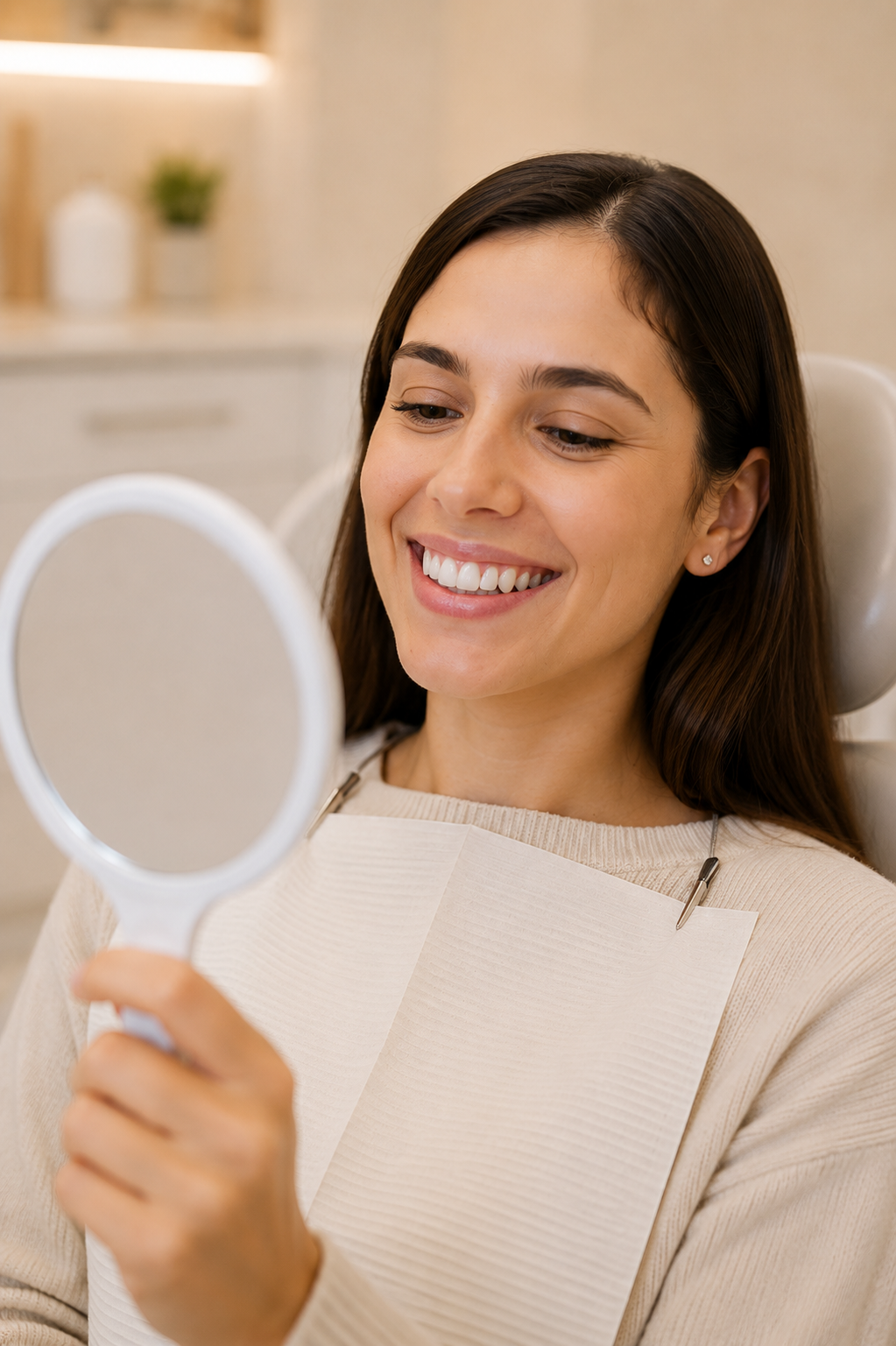 Paciente sonriendo mientras se mira en el espejo tras un tratamiento conservador