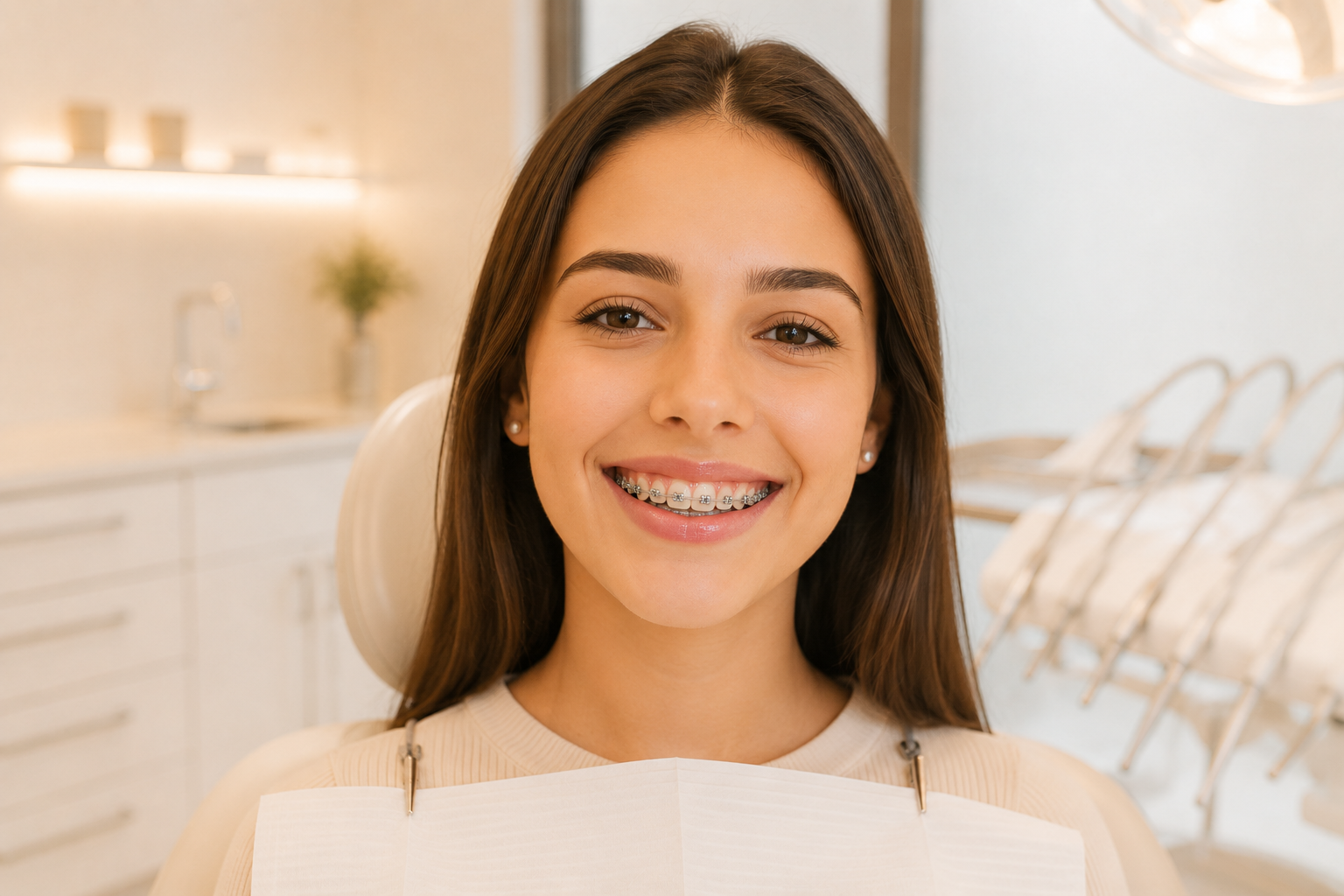 Paciente sonriendo con brackets metálicos modernos