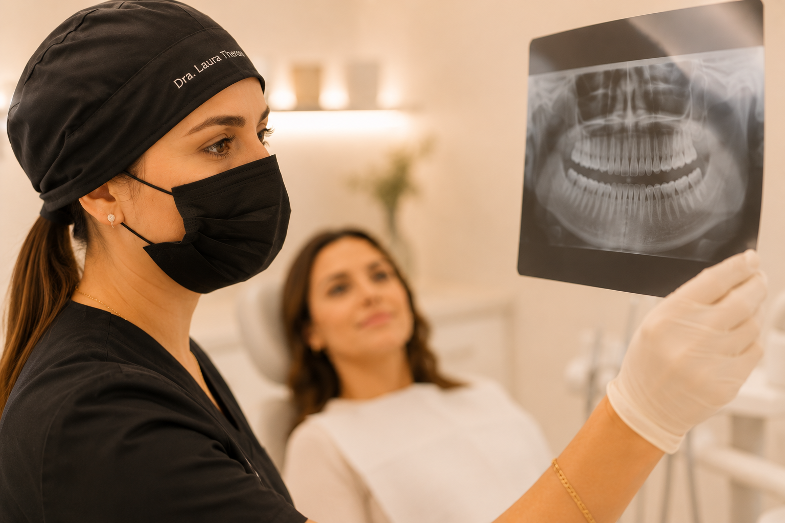 Odontóloga mostrando una radiografía dental a un paciente